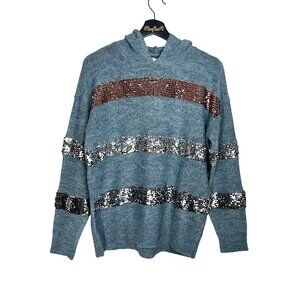 Nine West Blue Sequined Striped Pullover Long Sleeve Hoodie Sweater S